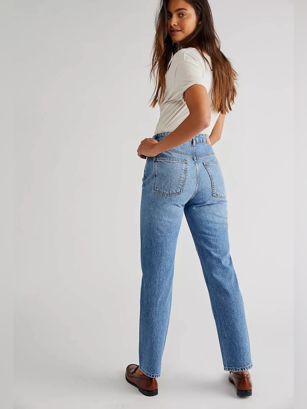 Free People Straight Leg Jeans in Light Blue Denim